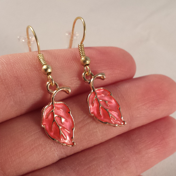 Gold Pink Leaf Earrings Hypoallergenic Hooks! - Picture 2 of 2